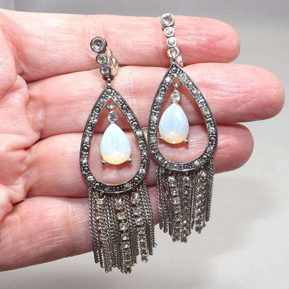 Vintage Monet Faux Opal Dangle Earrings Clear Rhinestones on Silver Tone - Picture 5 of 9